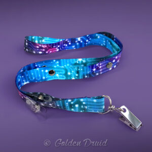celestial circuitry badge lanyard furry convention accessory blue purple teal tech constellation star design pattern with multiple clips