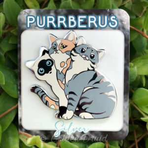 silver purrberus grey tabby dilute calico siamese cat hard enamel pin