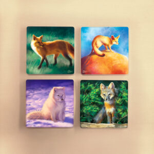 red fennec arctic grey gray fox square no slip backing acrylic drink coaster set